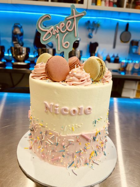 Sweet 16 birthday cake Melbourne with handcrafted edible fondant decorations, personalised for a 16th birthday by Runaway Cupcakes in Malvern.